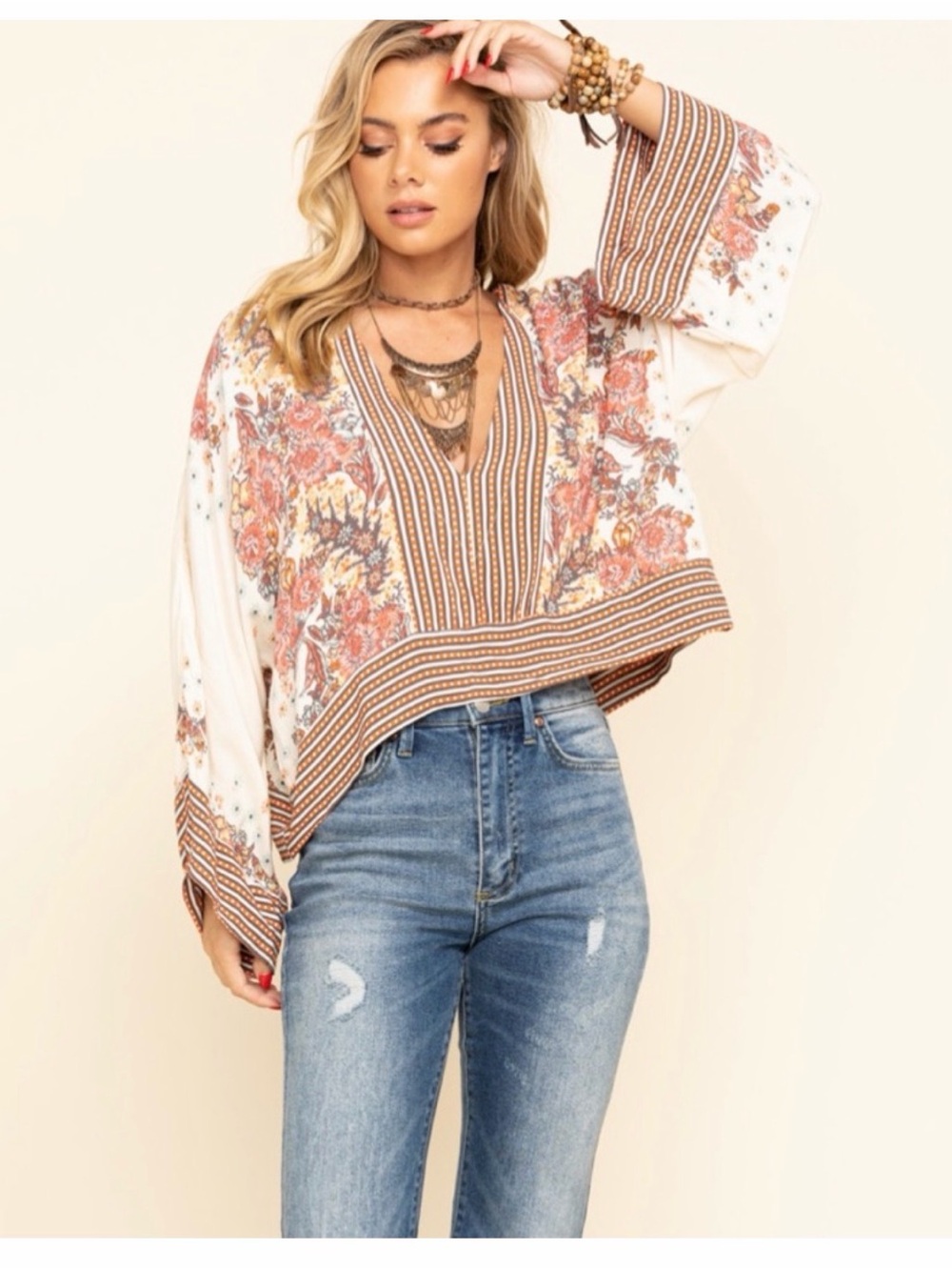 Free People Mix and Match Tea Combo Blouse - Cream, Peach, and Tan - XS